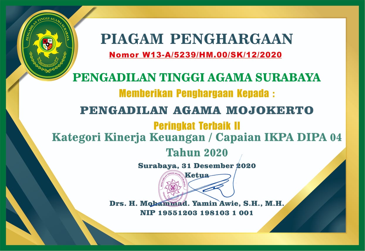 Peringkat 2 IKPA DIPA 04 Tahun 2020 PTA Surabaya